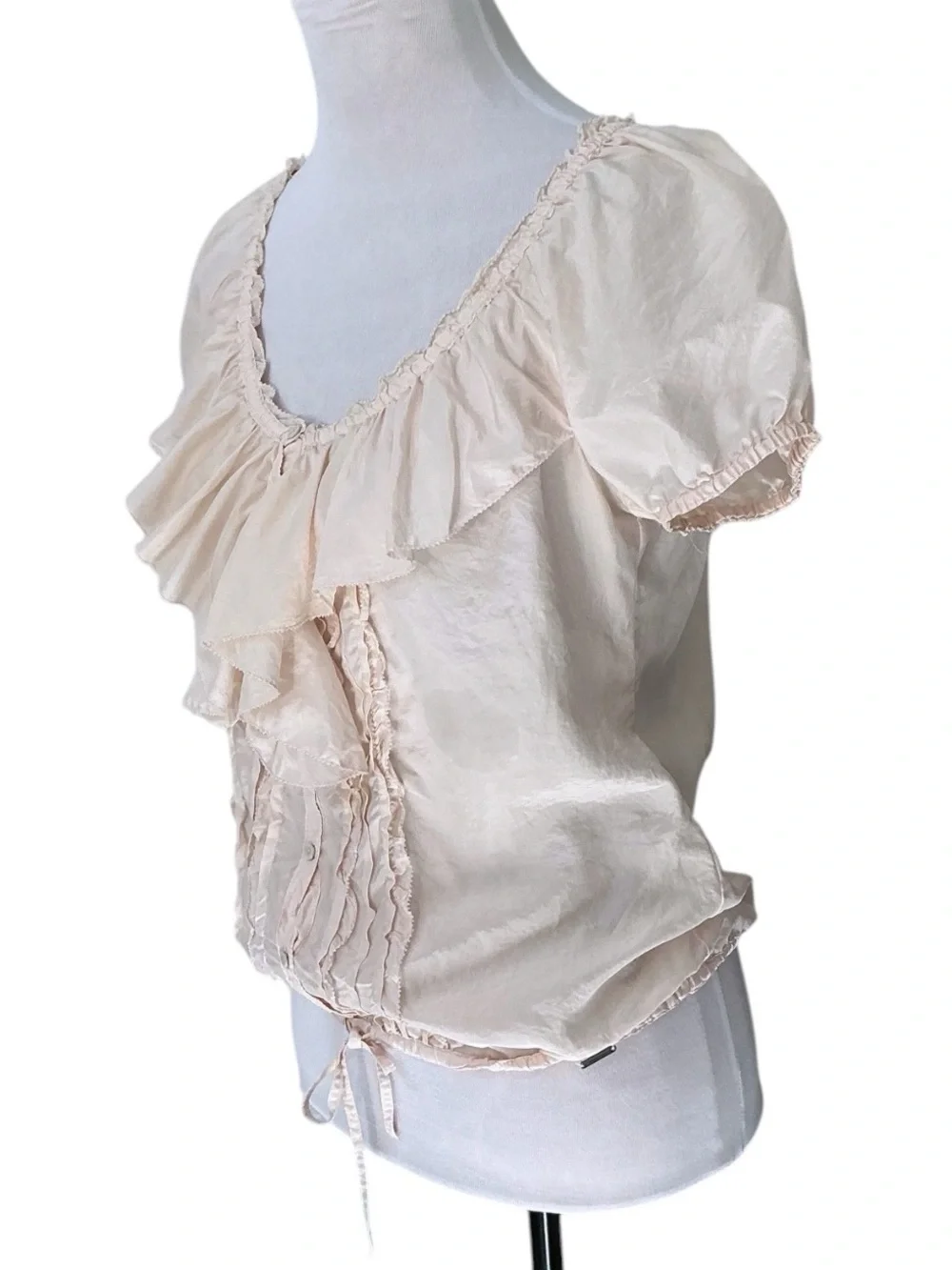 Abercrombie Fitch Silk Vintage Top Tucked Ruffle Puff Sleeves Pink Peach Medium
